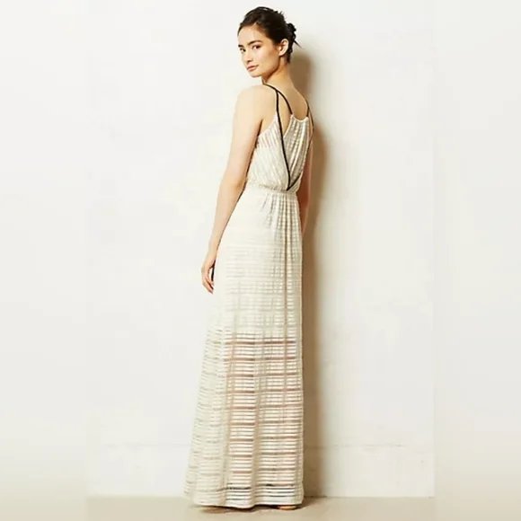 Anthropologie Racerback Sheer Maxi Tan Off White Dress By Maeve Size Small - Picture 1 of 10